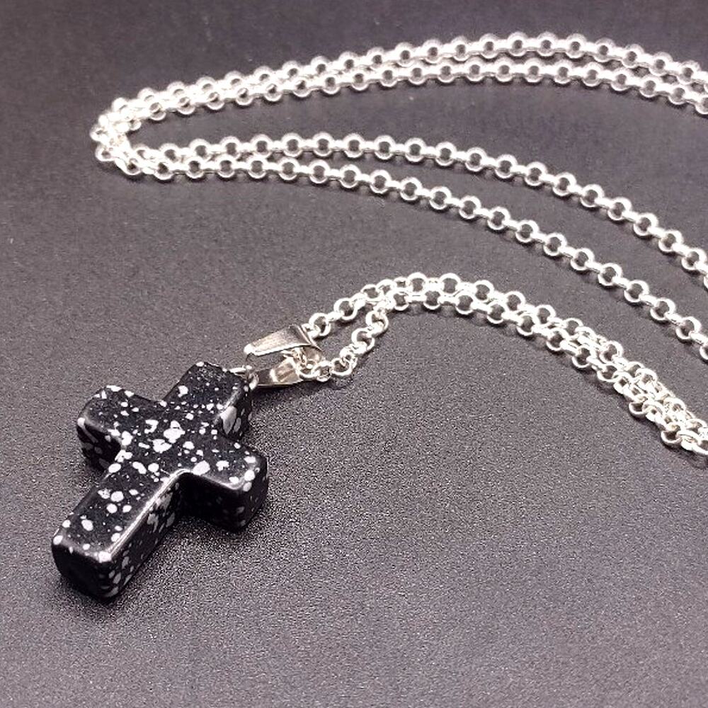 925 Silver Necklace With Black Granite Cross Valentine Anniversary Birthday Gift